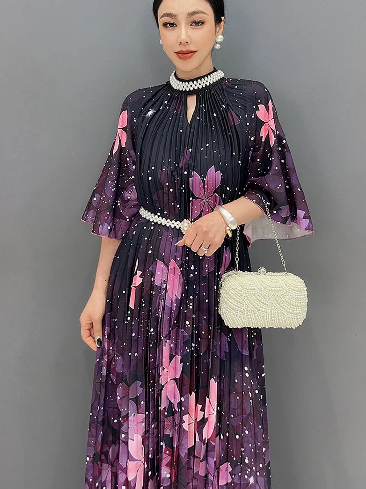 Babs Spring Summer New Hundred Pleated Printed Large Hem Dress For Women Diamond Inlaid Formal Dresses Clothes 5R9659