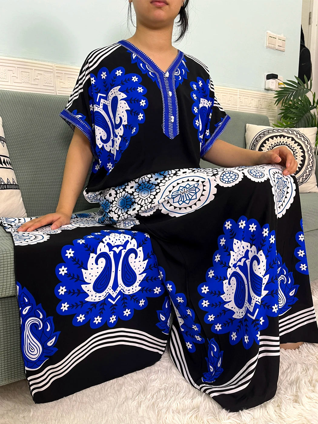 Maxy Muslim Cotton Abayas For Women Appliques Printed Caftan Marocaine Femme Robe Boubou African Islam Dresses With Headscarf