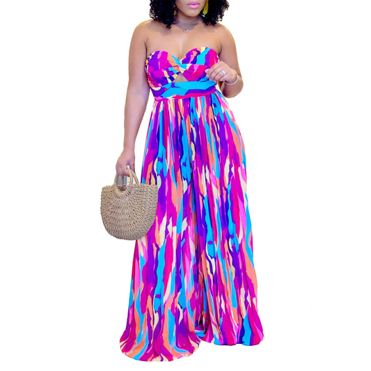 Women Printed Jumpsuit Tube Tops Backless Wide Leg Pleated High Waist Summer Fashion African Holiday Vacation One Piece Rompers