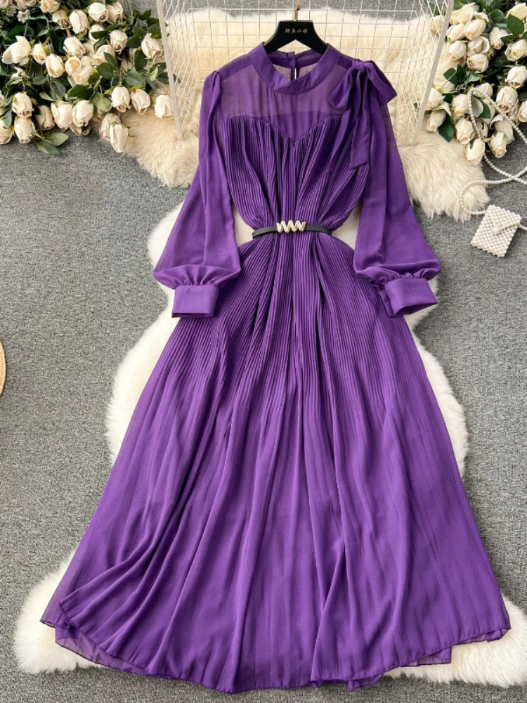Women Elegant Pleated Long Dress Spring Autumn Sweet Bow Chiffon Dresses Ladies Vintage Bubble Sleeves Casual Long Robe Vestidos