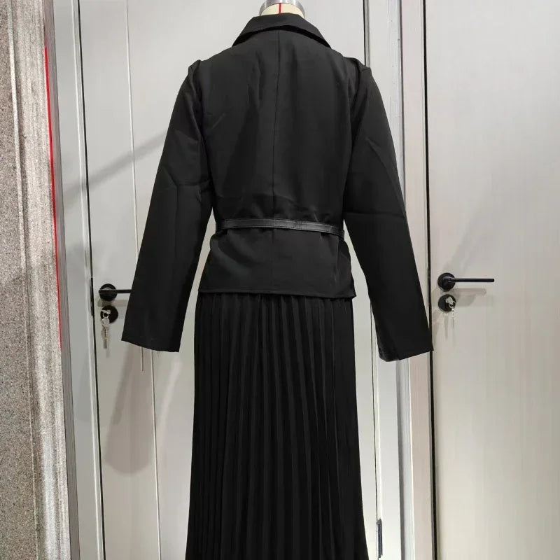 Maxy Women's Two Pieces Set Blazer Lady Pleated Long Dress Spring New in Matching Sets Button Temperament Elegant Women's Sets