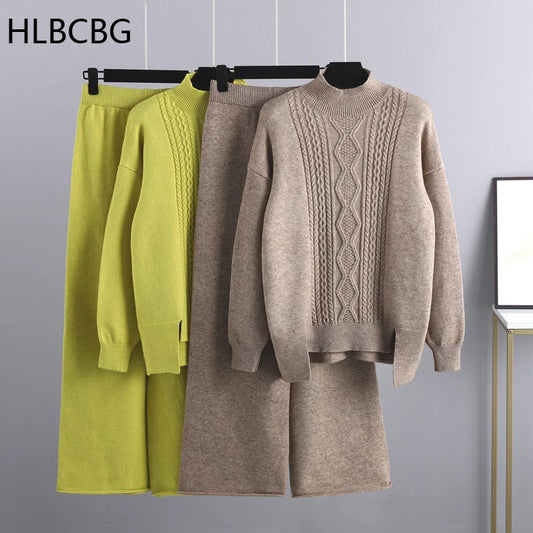 Maxy Winter Cashmere Women Tracksuits Thick Oversized Women Turtleneck Sweater 2 Pieces Sets Drawstring Harem Pant Suits Outfit