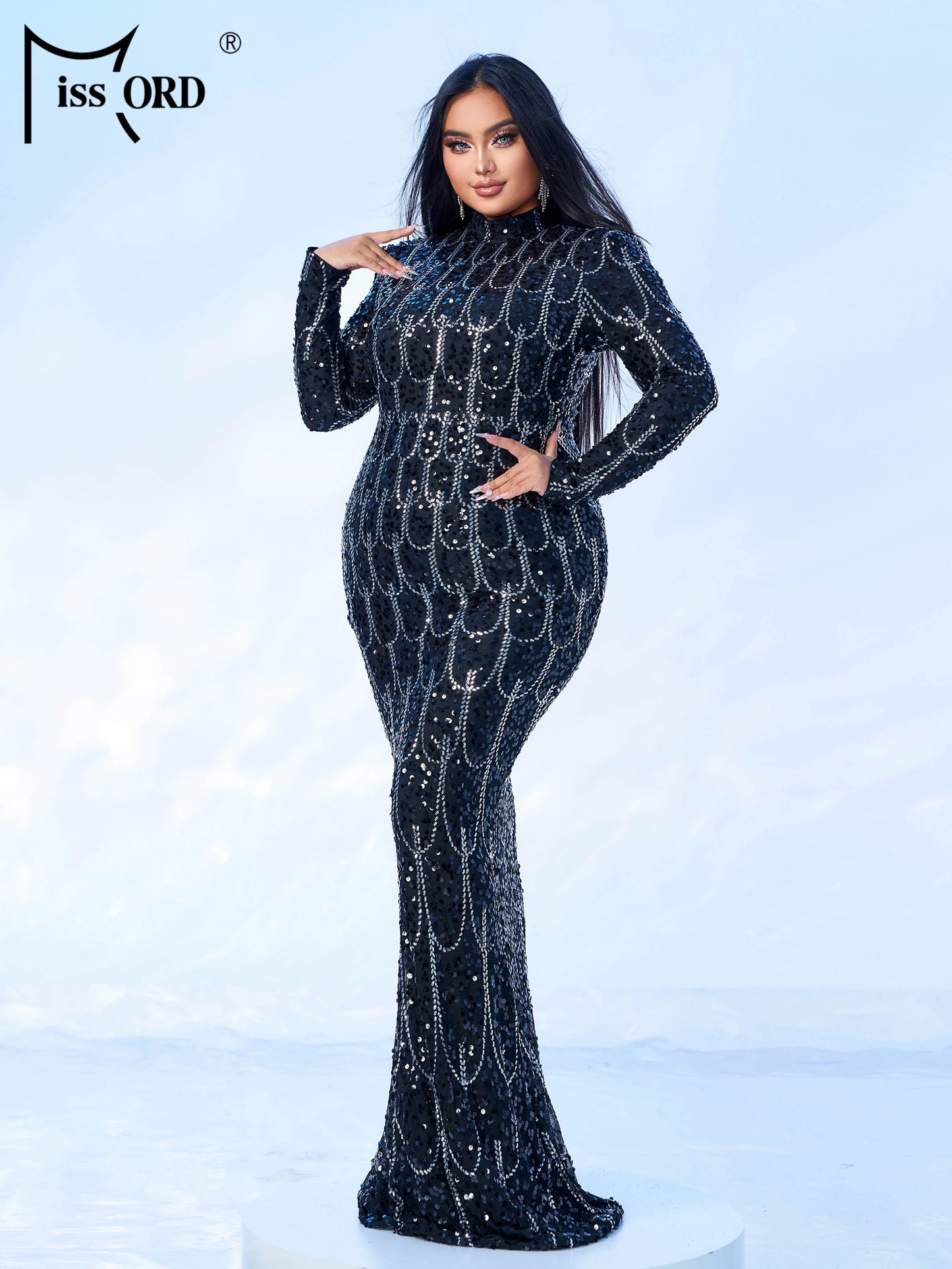 Maxy Plus Size Church Dress Round Neck Black Long Sleeved Sequin Mermaid Evening Gown Wedding Birthday Party Cocktail Dress