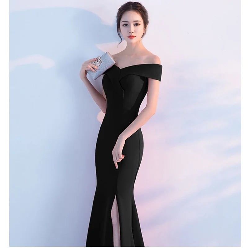 Maxy Evening Dresses Black Stretchy Off the Shoulder Zipper Back Mermaid Trumpet Slit Floor Length Women Party Formal Gowns YE006