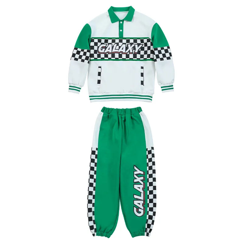 Maxy Kid Hip Hop Clothing White Green Polo Sweatshirt Checkered Casual Jogger Sweat Pants for Girl Boy Clothes Outfits