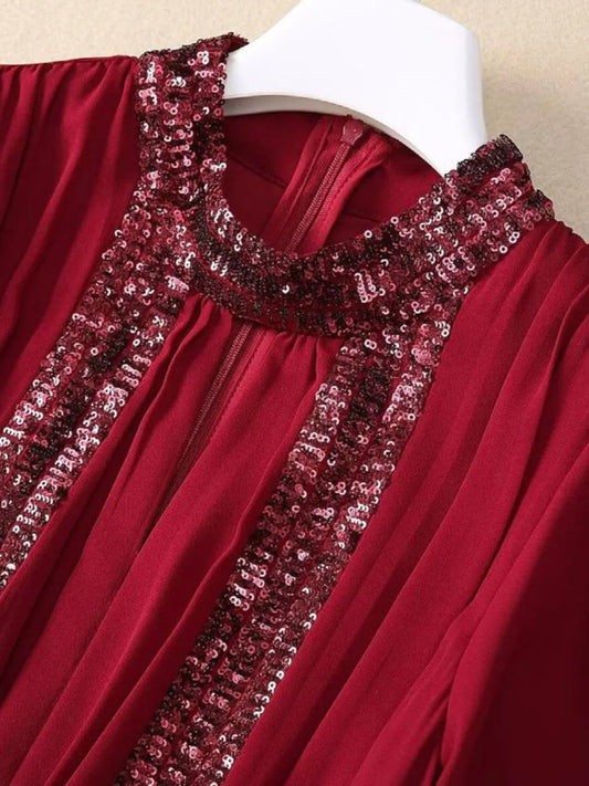 Amay CHICEVER Patchwork Sequined Formal Dresses for Women Stand Collar Hollow Out Long Sleeve High Waist Celebration Dresses Female