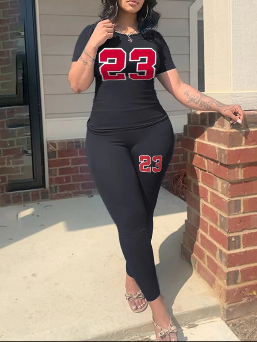 Maxy Plus Size Women Two Piece Tracksuits 23 Digital Print Skinny Pants Set  short Sleeve Sweatshirt +Skinny Pants Set Women Track