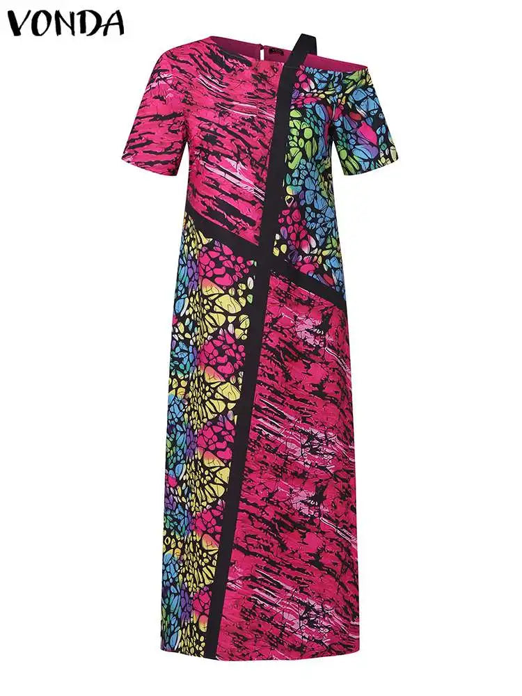 VONDA Off Shoulder Dress Women Summer Party Sundress 2024 Bohemian Printed Maxi Vestidos Casual Loose Short Sleeve Robe