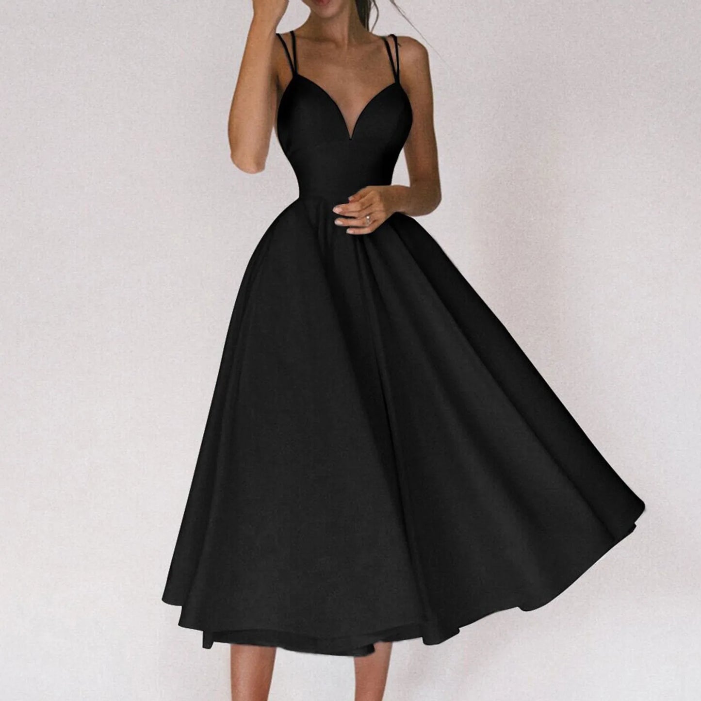 Babs Formal Dresses Double Spaghetti Strap Big Swing Sleeveless Pure Color Cross Sling Dresses Elegant Party Dress for Women