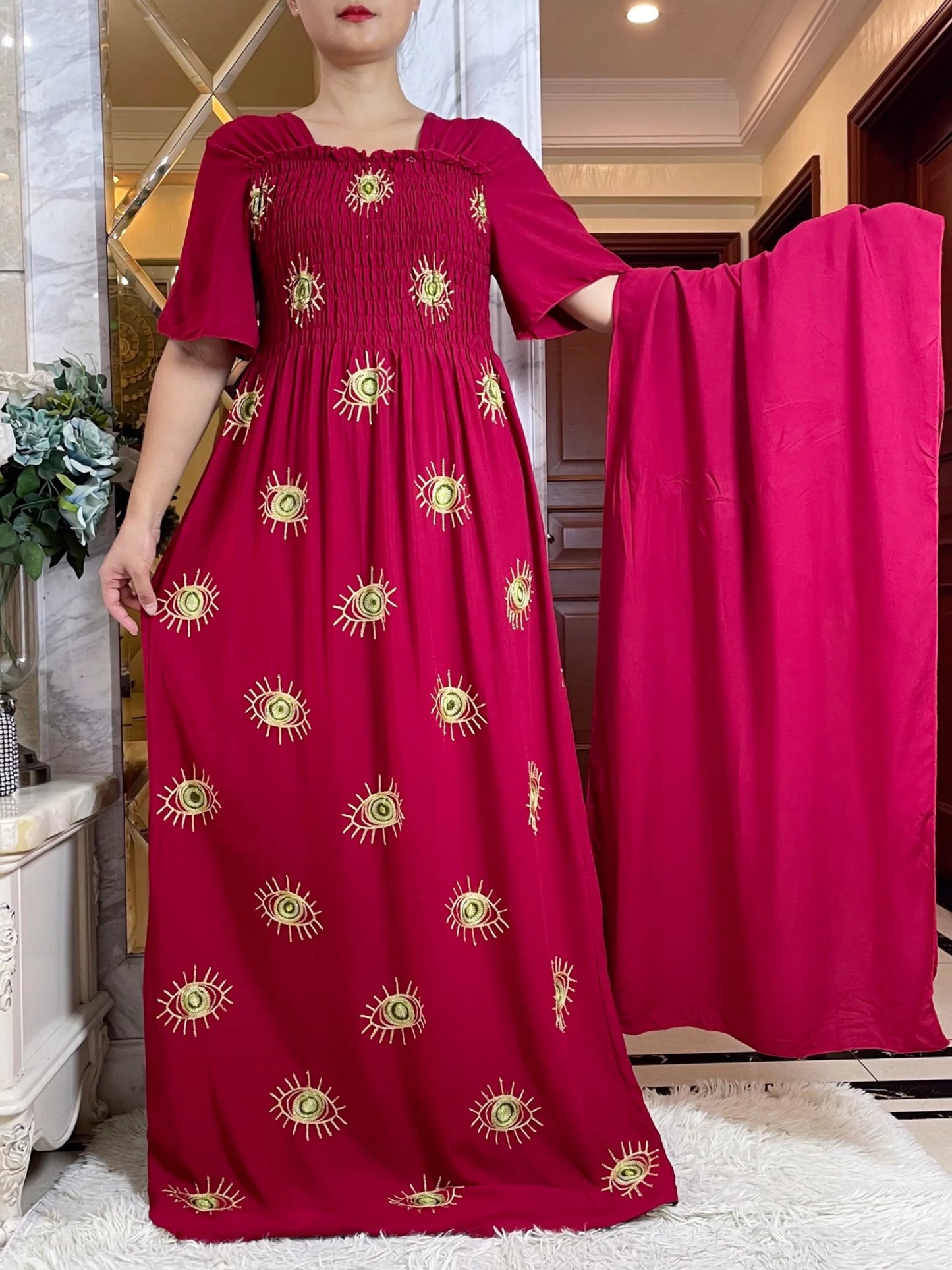 Maxy Summer Fashion Casual Dress Collect Waist Embroider Short Sleeve Loose Woman Maxy Islam African Women Abaya Clothes