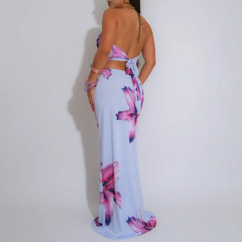 Maxy Floral Printed Street Women's Set U-Neck Crop Tops and Bodycon Long Skirts Suit Summer Birthday Holiday Two 2 Piece Set
