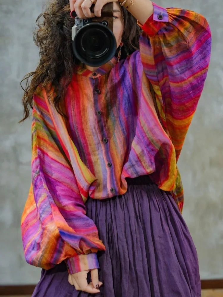 Maxy Oversized Summer 2 Two Piece Set Women Striped Print Casual Long Sleeve Ladies Shirt Elastic Waist Modis Ruffle Woman Long Skirt