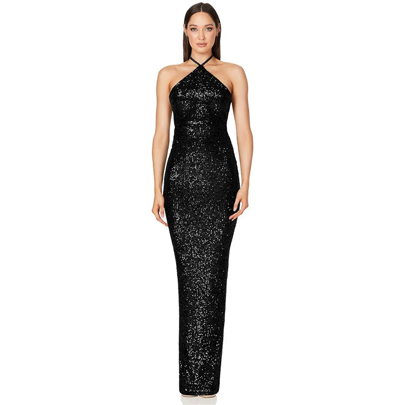 Maxy Lower Split Elegant Dress Women For Wedding Party Cocktail Prom Dress Sequin Neck Hanging Sexy Long Formal Evening Dresses Hxy9
