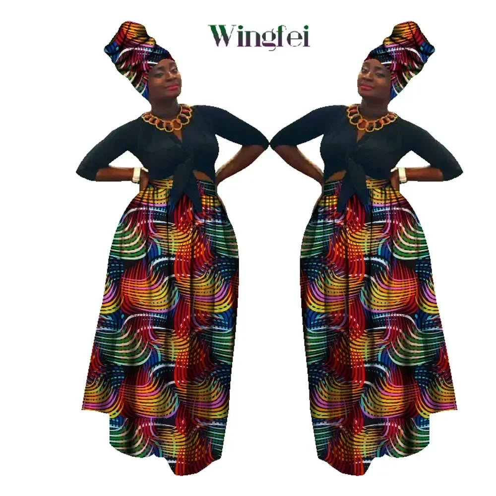 Dashiki African High Waist Ball Grown Skirt Bazin Riche African Skirt and African Headscarf 2 Pieces Lady Maxi Long Skirt WY1270