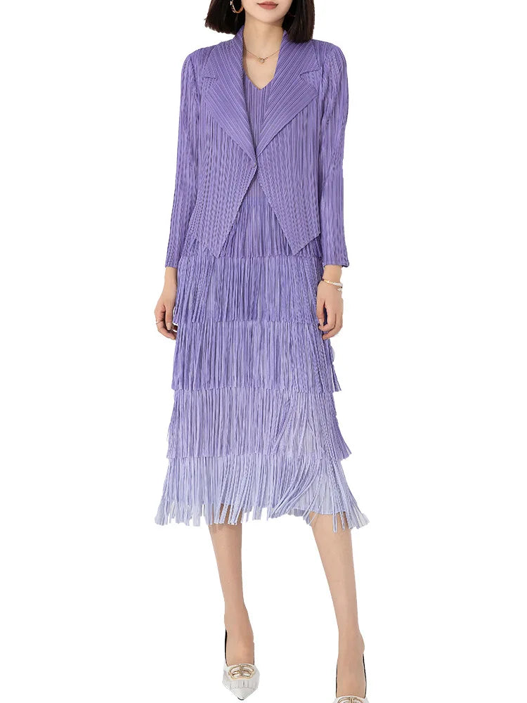 Maxy Boutique MIYAKE Pleated Style Set Large Gradient Color Overlay with Tassel Dress and Suit Small Coat Two Pieces [20230416]