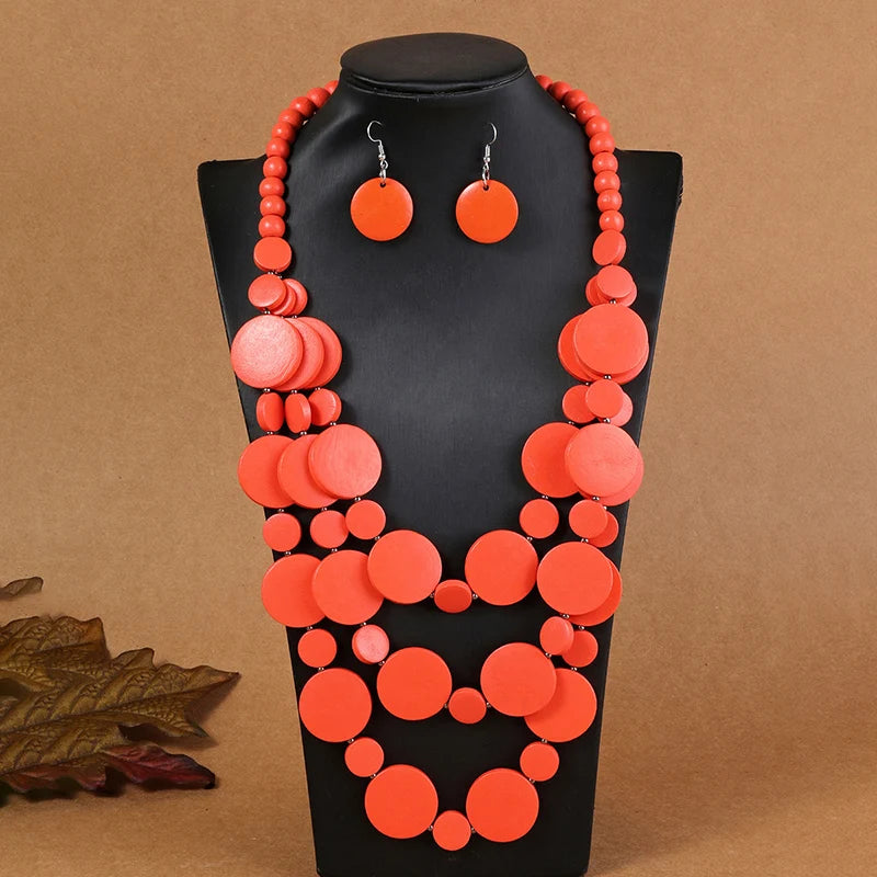 Amay Wedding Party Dress Wooden Beads Necklace Earring Jewelry Sets For Women