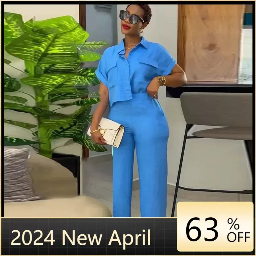 Maxy Fashion Vintage Women's Set Short Sleeve Shirt and Wide Leg Pants Spring Street Two 2 Piece Sets Outfit Tracksuit