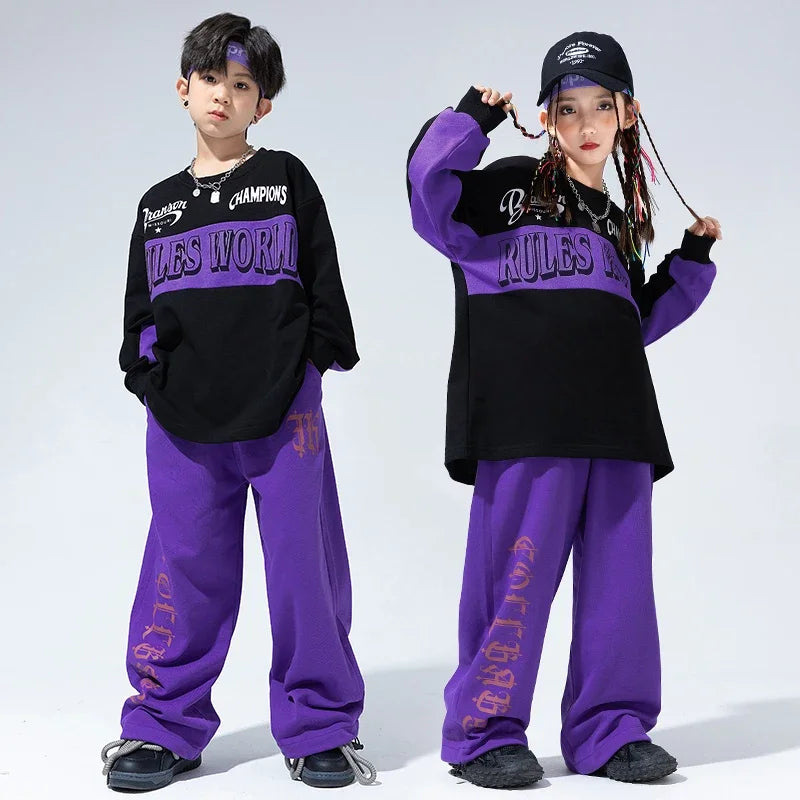 Maxy Kids Hip Hop Clothing Oversized Sweatshirt Top Purple Casual Wide Sweat Pants for Girl Boy Jazz Streetwear Dance Costume Clothes