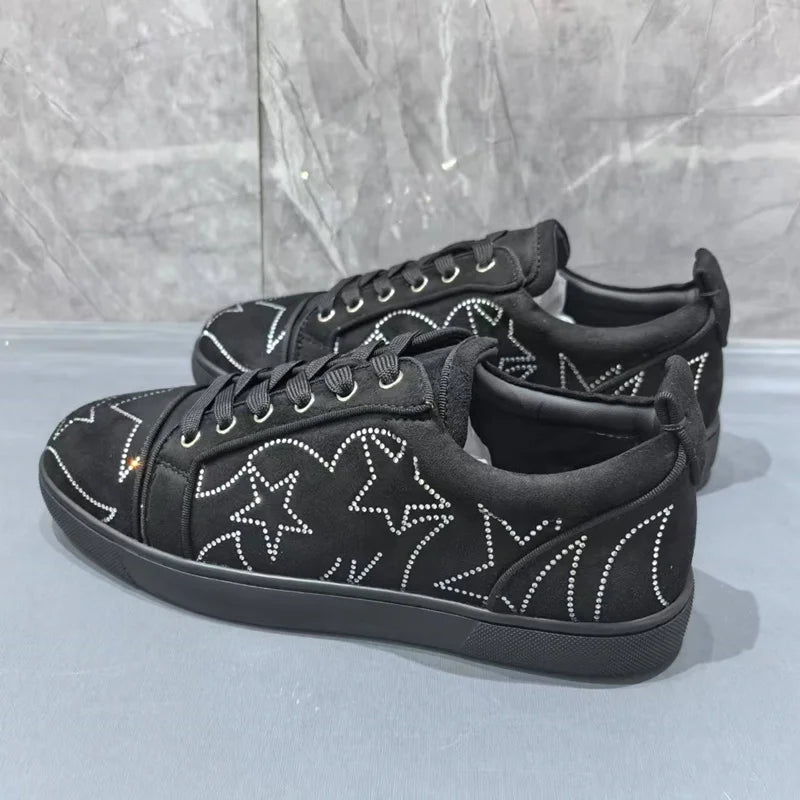 Visco Luxury Man Black Shoes Fashion White Rhinestones Sneakers Men Casual Shoes Low-top Leisure Sneaker Shoes