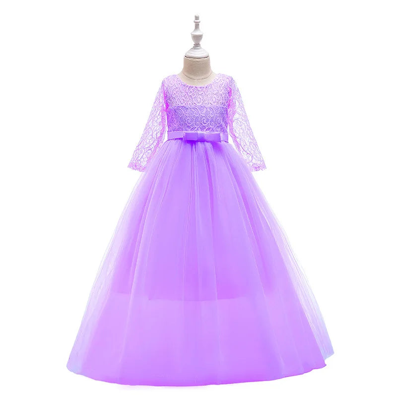 Maxy Girls Lace Embroidered Bow Princess Dress Long Sleeve Tulle Gown For Toddler First Communion Bridesmaid Wedding Birthday Party