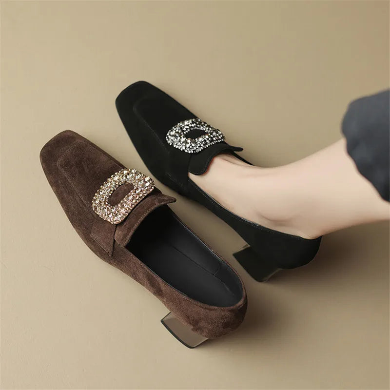 Maxy New Autumn Sheep Suede Loafers French Square Toe Chunky Heels Winter Plush Women Pumps Shoes for Women Zaptos De Mujer