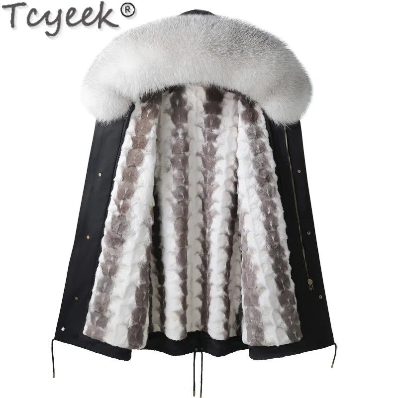 Tcyeek Natural Mink Fur Coat Man Hood Winter Jackets for Men Clothes Fashion Real Fur Parka Warm Fox Fur Collar Casaco Masculino