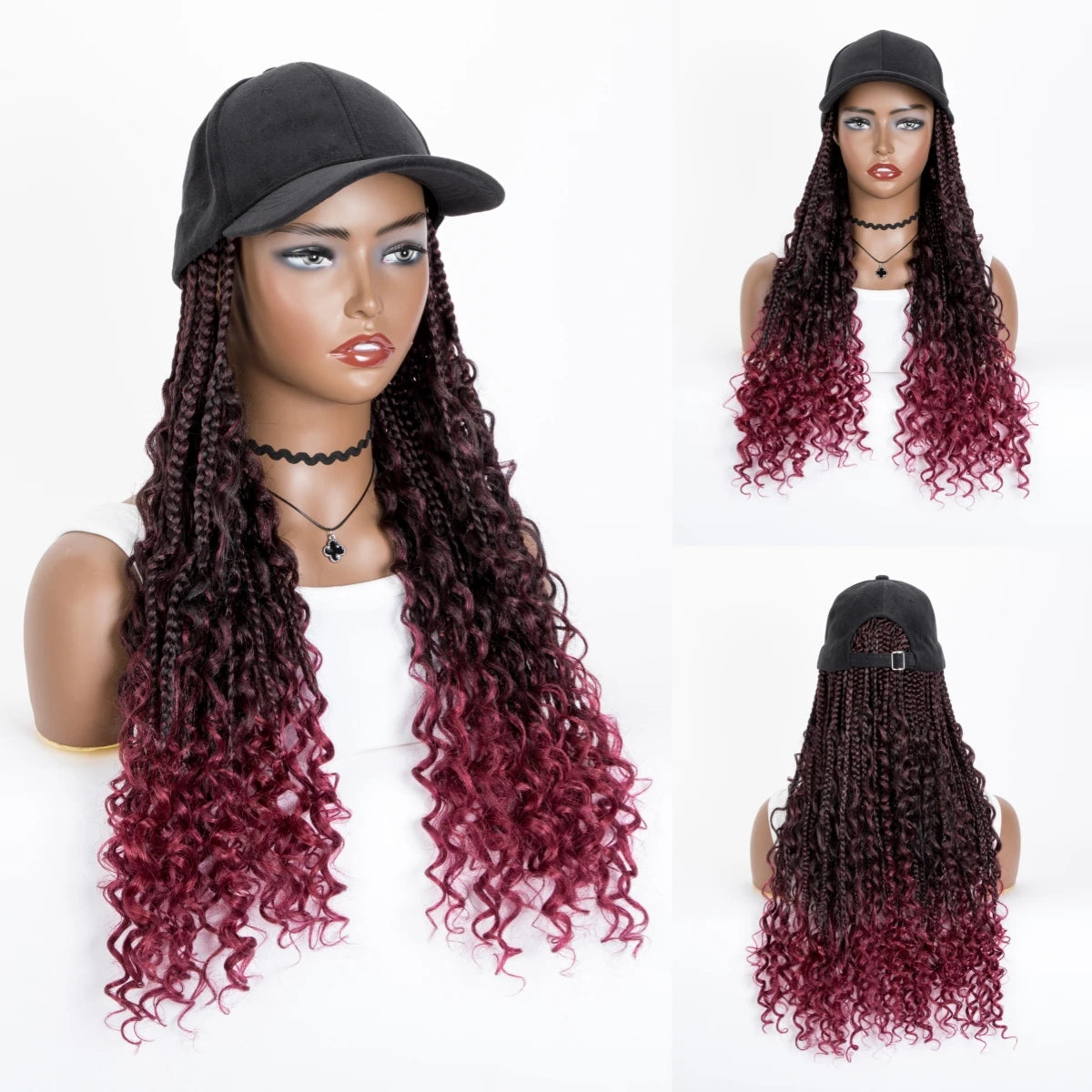 Maxy 20 Inch Black Long Synthetic Ombre Boho Box Braiding With Baseball Cap With Braids Hair Extensions Curly Wigs For Women
