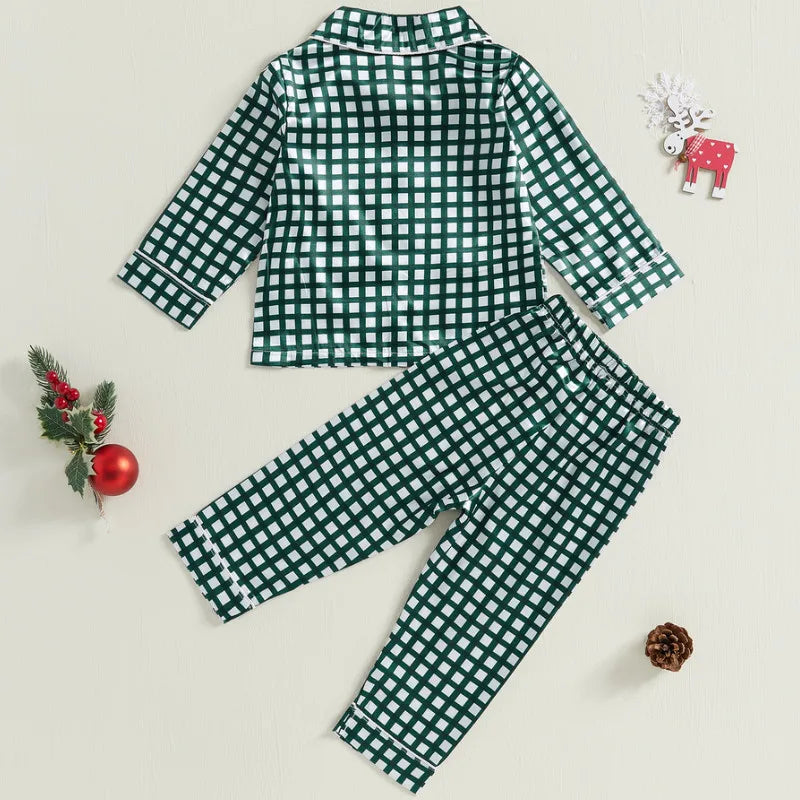 RUEWEY 1 to 5 Years Kids Girl Boy Christmas Pajamas Sets Plaid/Tree Print Long Sleeve Tops with Pants Sleepwear Baby Clothing