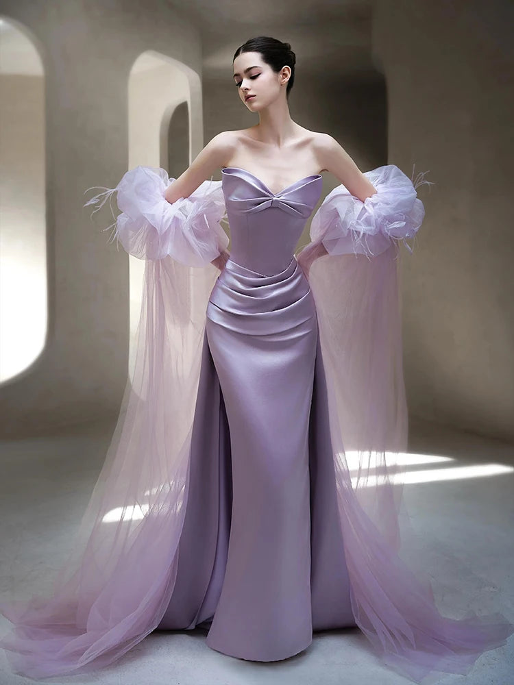 Elegant Purple Satin Evening Gown for Women New 2026 Strapless Wedding Dress Bridal Party Celebration Long Floor Length Dress
