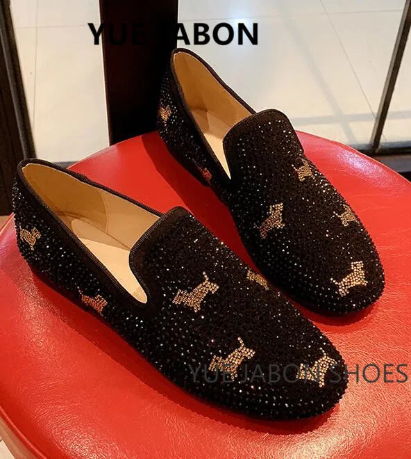 Visco New Fashion Men Rhinestone Shoes British Men's Flats Smoking Slippers Men Loafers Dress Shoes Black Casual Shoes Gladiator Mens