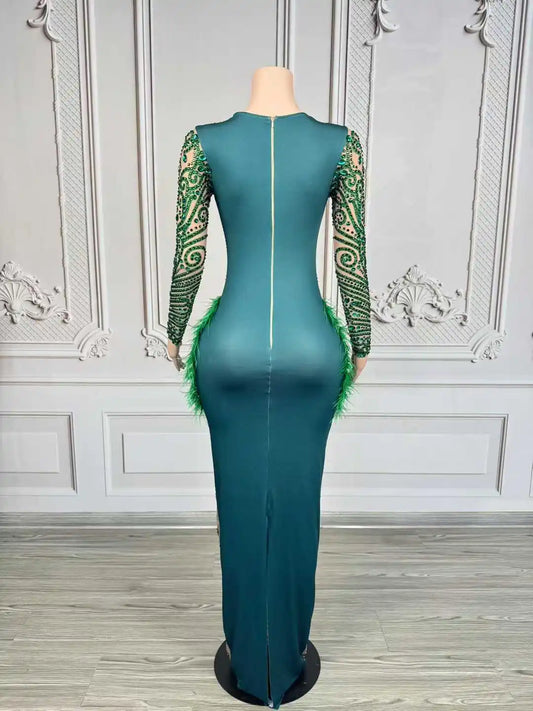 Maxy Sexy Elegant Evening Gown Blingbling Green Rhinestones Feather Dress Women Wedding Cocktail Party Photoshoot Stage Wear Costume