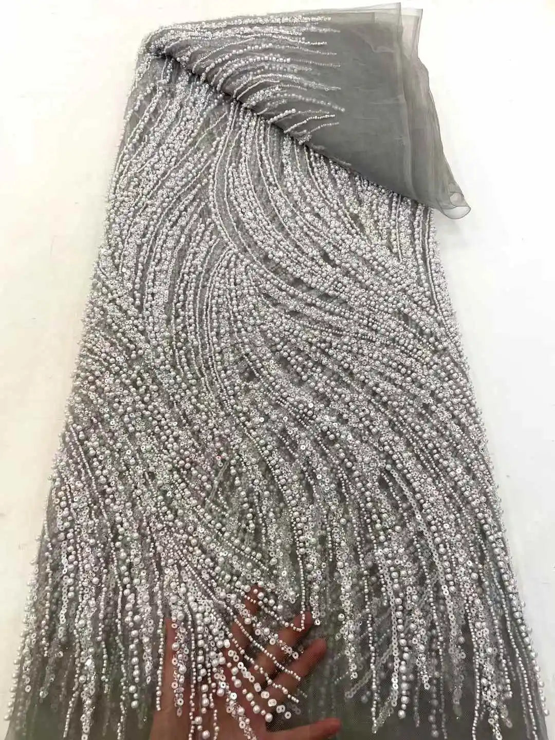 Maxy Beads Lace Fabric High Quality Mesh Sequins Lace Embroidered French Groom Fabric For Sewing Evening Dresses Women