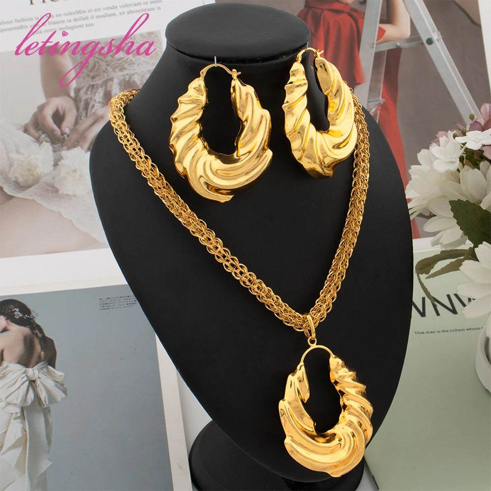 Maxy Luxury Gold Color Earrings Ins TK Hot Sale Long Necklace Chain Set Fashion Jewelry Wedding Party Anniversary Gift