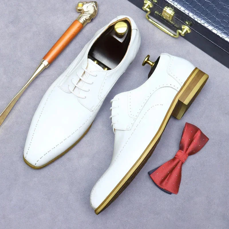 Visco Newest Lace-up Business Office Formal Shoes Genuine Leather Italian Men Shoes White Wedding Dress Oxford Shoes