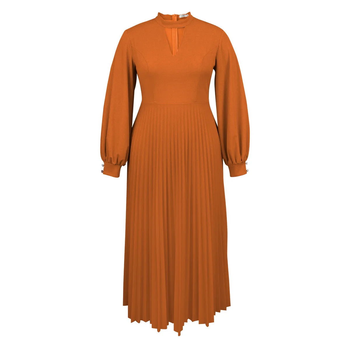 Maxy high-end hollow out small stand up collar party dress autumn lantern sleeve pleated dress