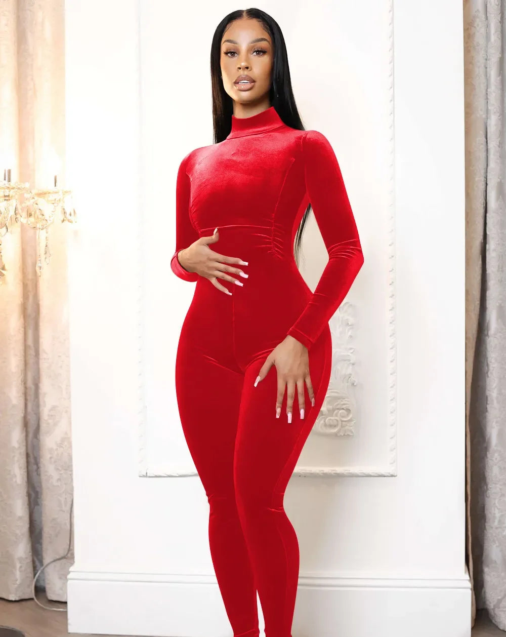 Maxy Christmas Red Velvet Jumpsuit Women Costume Long Sleeve Pencil Pants Rompers Fall Turtleneck Slim Night Club Wear Overalls