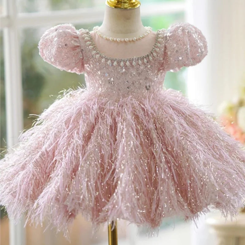 Maxy Fashion Baby Girl Princess Sequins Feather Dress Puffy Sleeve Toddler Child Pearl Vestido Party Birthday Baby Clothes 2-14Y
