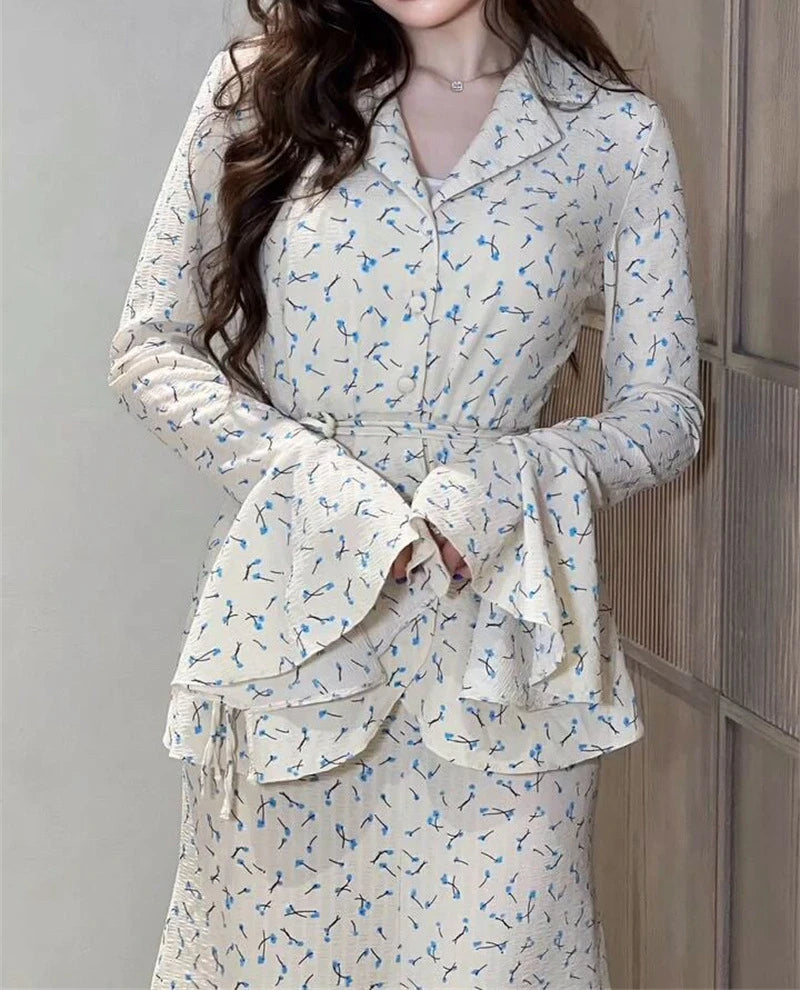 Vintage Dress Two Piece Sets Womens Outifits 2024 Flare Sleeve Turndown Collar Floral Print Zipper Lace Up Blouse + Skirt Suit