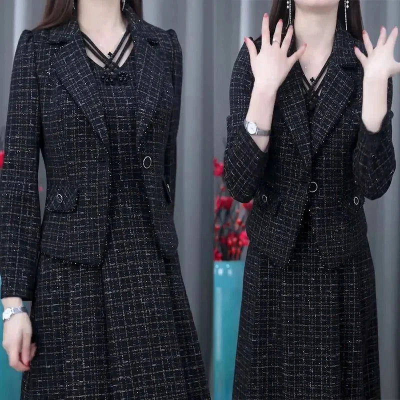 Maxy Middle Aged Female Dress Sets Spring Autumn High End Elegant Blazer Coat And Long Dress 2PCS Women OL Temperament Dresses Suit