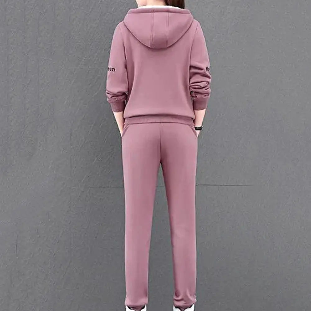 Winter Thickened Lambswool Tracksuit Women Hooded Zip Up Sweatshirt Plus Velvet Pant Suit Casual Two Piece Set chandals mujer