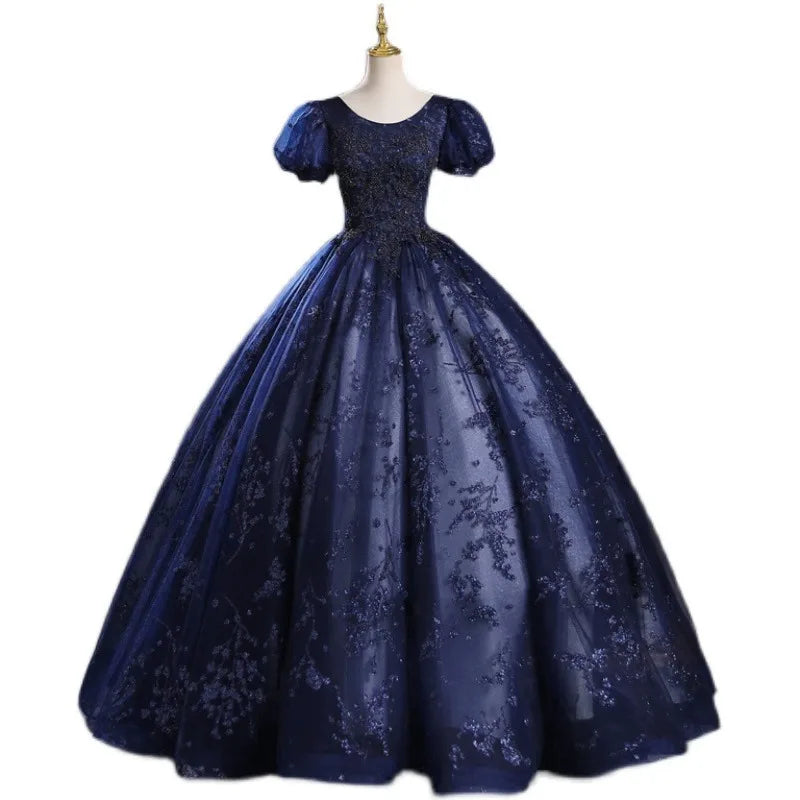 Maxy new Navy Blue Bubble Sleeve Dress, Student Art Exam Vocal Performance Dress, Fluffy Dress, Annual Meeting Host Evening Dress