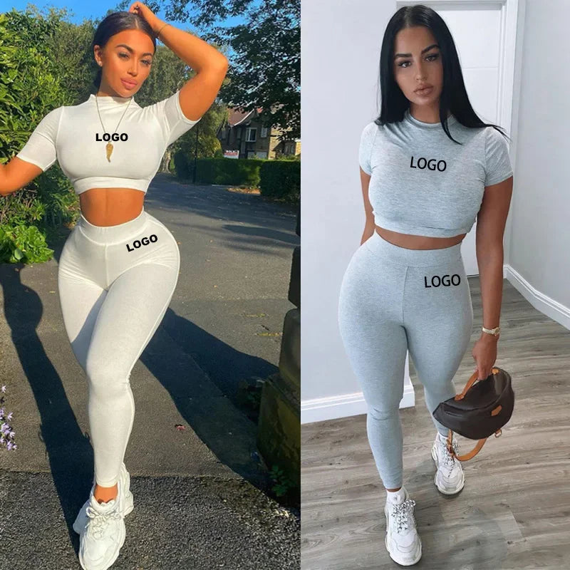 Maxy Custom Women Clothing ladies' suit Two Piece Fitted Pants and crop Set Short Sleeve Skinny Crop Top Jogger Sweatpants Set Women