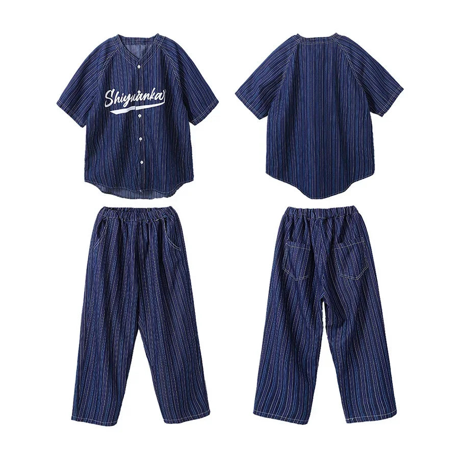 Maxy Kids Boys Girls Stripe Denim Shirts Pants Suits Sets Fashion Streetwear Baseball Shirt Pant Children Tracksuits Hip Hop Clothing