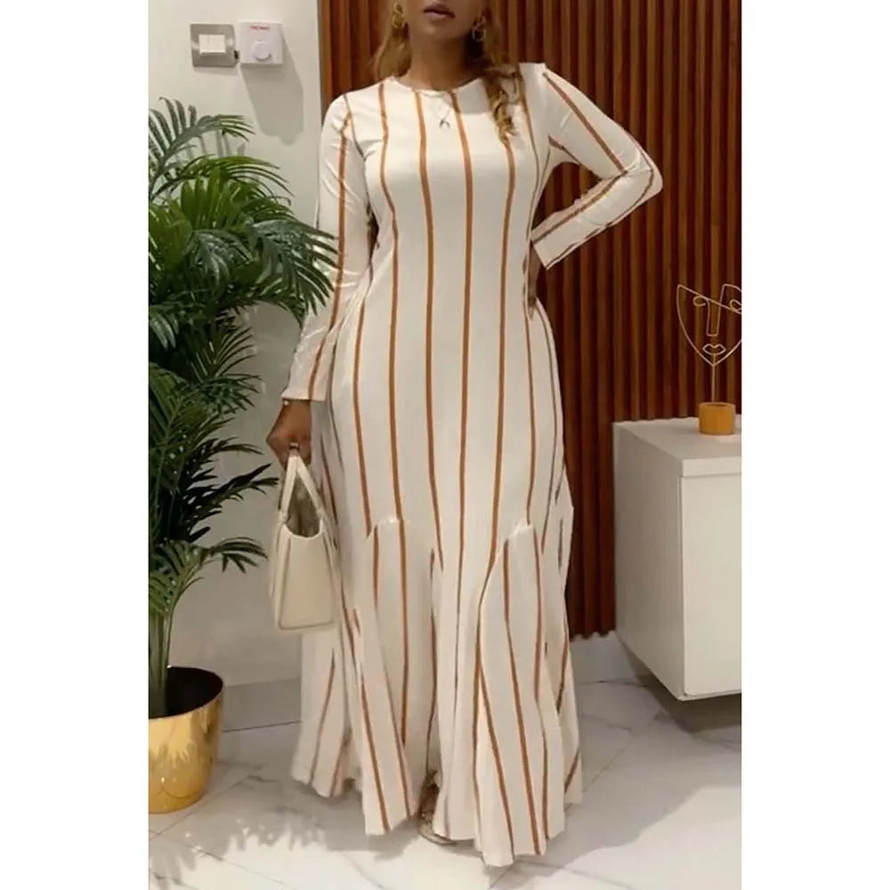 Maxy Plus Size Semi Formal Maxi Dresses Elegant White Striped Fall Winter Long Sleeve Cotton Maxy Dresses