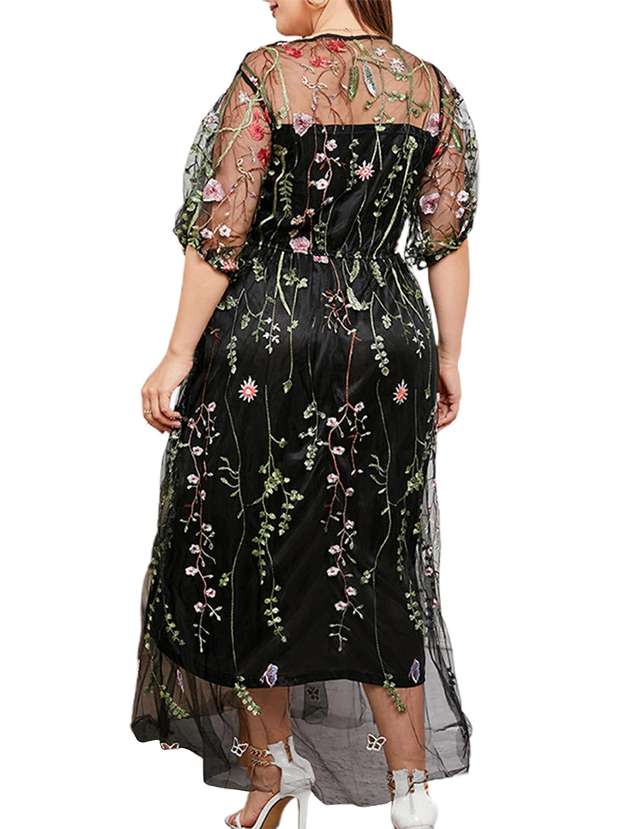 Maxy Women s Lace Dress Off Shoulder Floral Embroidered Short Sleeve V Neck Plus Size Evening Party Elegant Gown