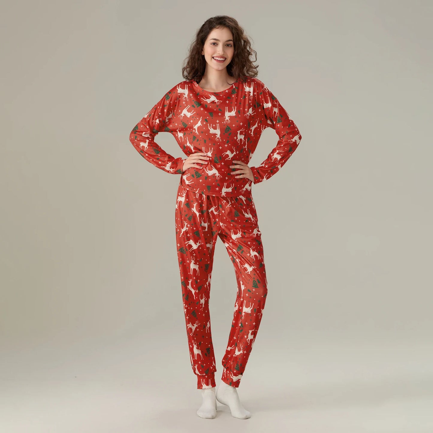 Christmas Pajamas Set for Women Autumn Winter Candy Cane/Elk Print Loungewear Long Sleeves Shirt+Elastic Pants Soft Sleepwear