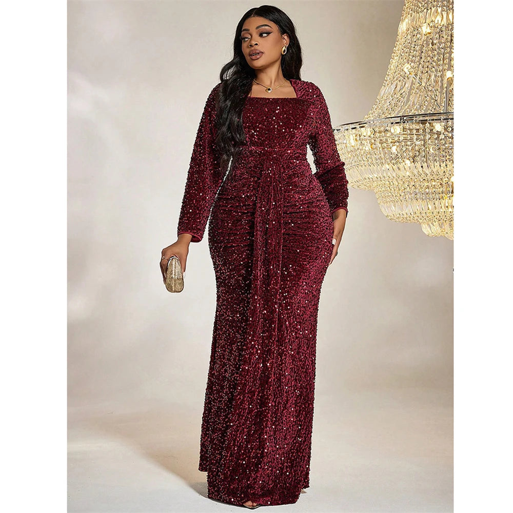 Maxy Plus Size Square Neck Sequin Luxury Extra Long Glitter Evening Gown Big Size Women Wedding Banquet Wine Red Sequin Evening Dress