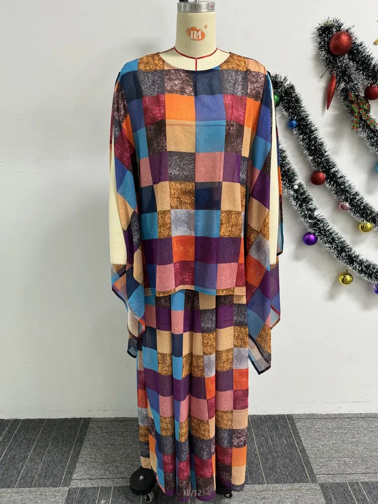 Maxy Two Piece Set Chiffon Africa Clothes For Women African Dashiki Fashion Suit Printed Loose Shawl Top And Wide Leg Pants Suits