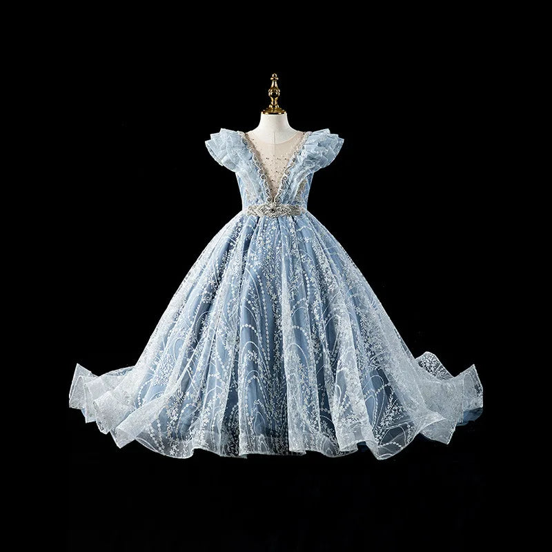 Maxy Princess Kids Pageant Evening Gowns Lace Flower Girl Sequins Dress Weddings Birthday Party Robe For Girls First Communion Dresses