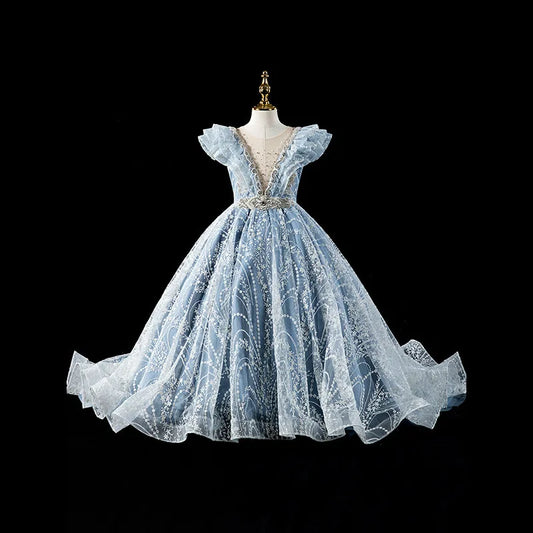 Maxy Princess Kids Pageant Evening Gowns Lace Flower Girl Sequins Dress Weddings Birthday Party Robe For Girls First Communion Dresses